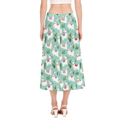 Cute Cactus And Llama Pattern Print Side Slit Midi Skirt