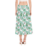 Cute Cactus And Llama Pattern Print Side Slit Midi Skirt