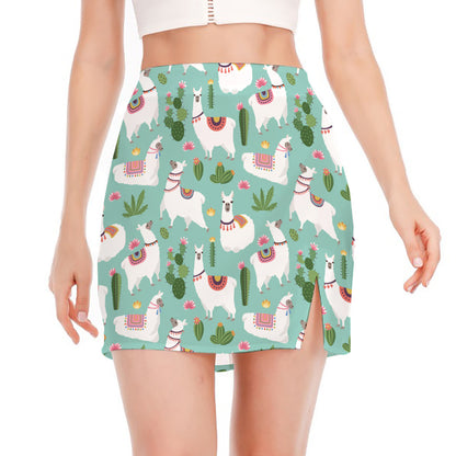 Cute Cactus And Llama Pattern Print Side Slit Mini Skirt