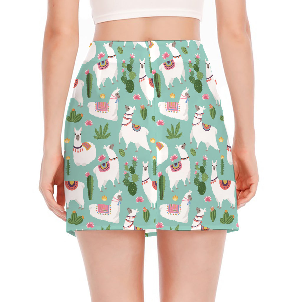 Cute Cactus And Llama Pattern Print Side Slit Mini Skirt