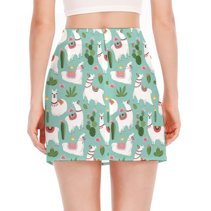 Cute Cactus And Llama Pattern Print Side Slit Mini Skirt
