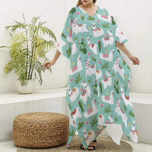 Cute Cactus And Llama Pattern Print Silk V-Neck Kaftan Dress