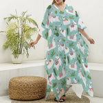 Cute Cactus And Llama Pattern Print Silk V-Neck Kaftan Dress
