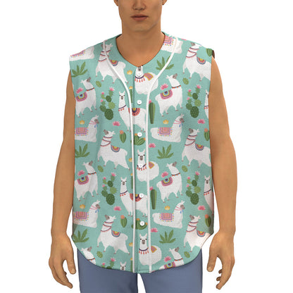 Cute Cactus And Llama Pattern Print Sleeveless Baseball Jersey