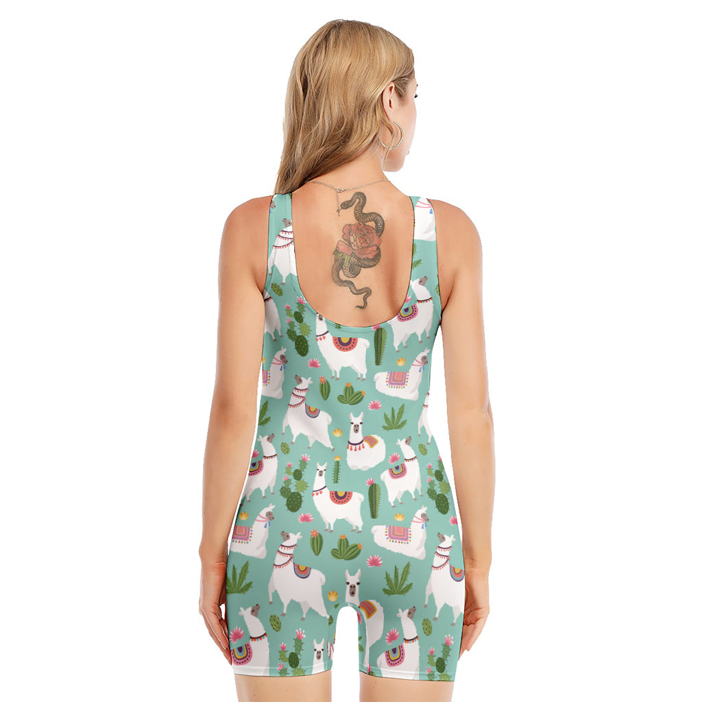Cute Cactus And Llama Pattern Print Sleeveless One Piece Swimsuit