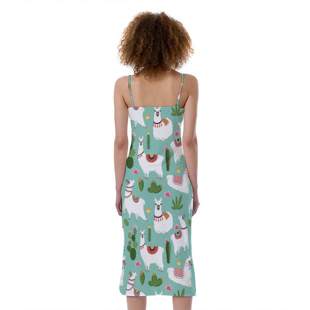 Cute Cactus And Llama Pattern Print Slim Fit Midi Cami Dress