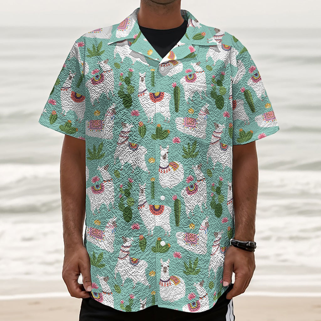 Cute Cactus And Llama Pattern Print Textured Short Sleeve Shirt