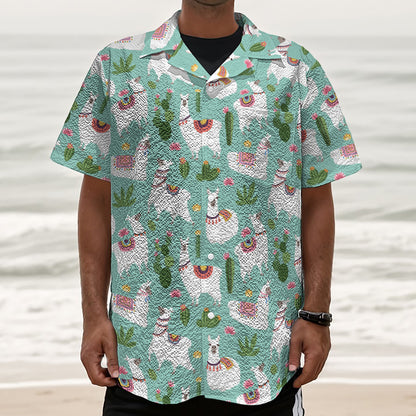 Cute Cactus And Llama Pattern Print Textured Short Sleeve Shirt