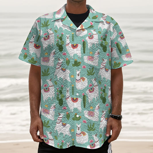 Cute Cactus And Llama Pattern Print Textured Short Sleeve Shirt