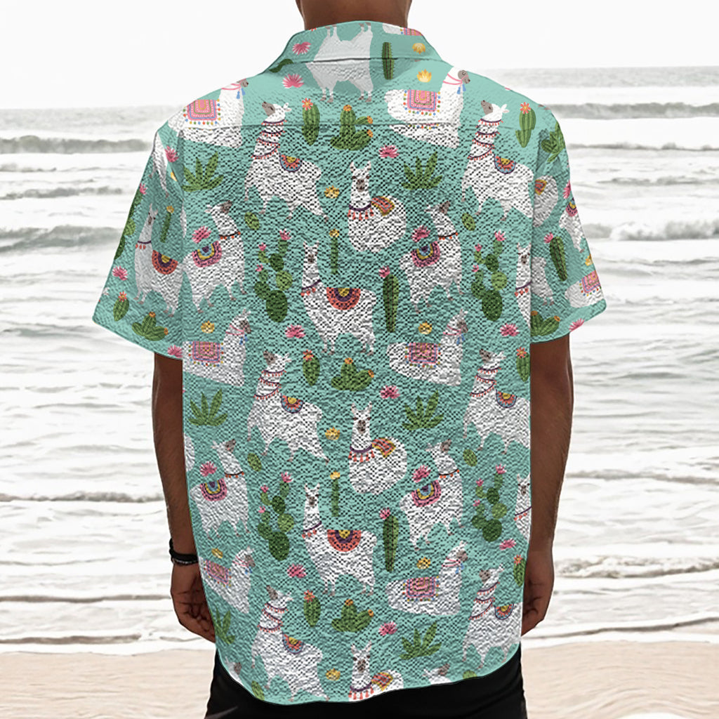Cute Cactus And Llama Pattern Print Textured Short Sleeve Shirt