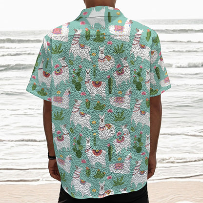 Cute Cactus And Llama Pattern Print Textured Short Sleeve Shirt