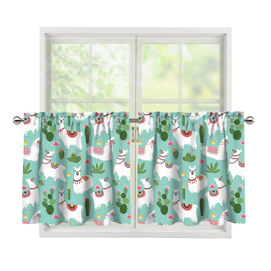 Cute Cactus And Llama Pattern Print Tier Curtains