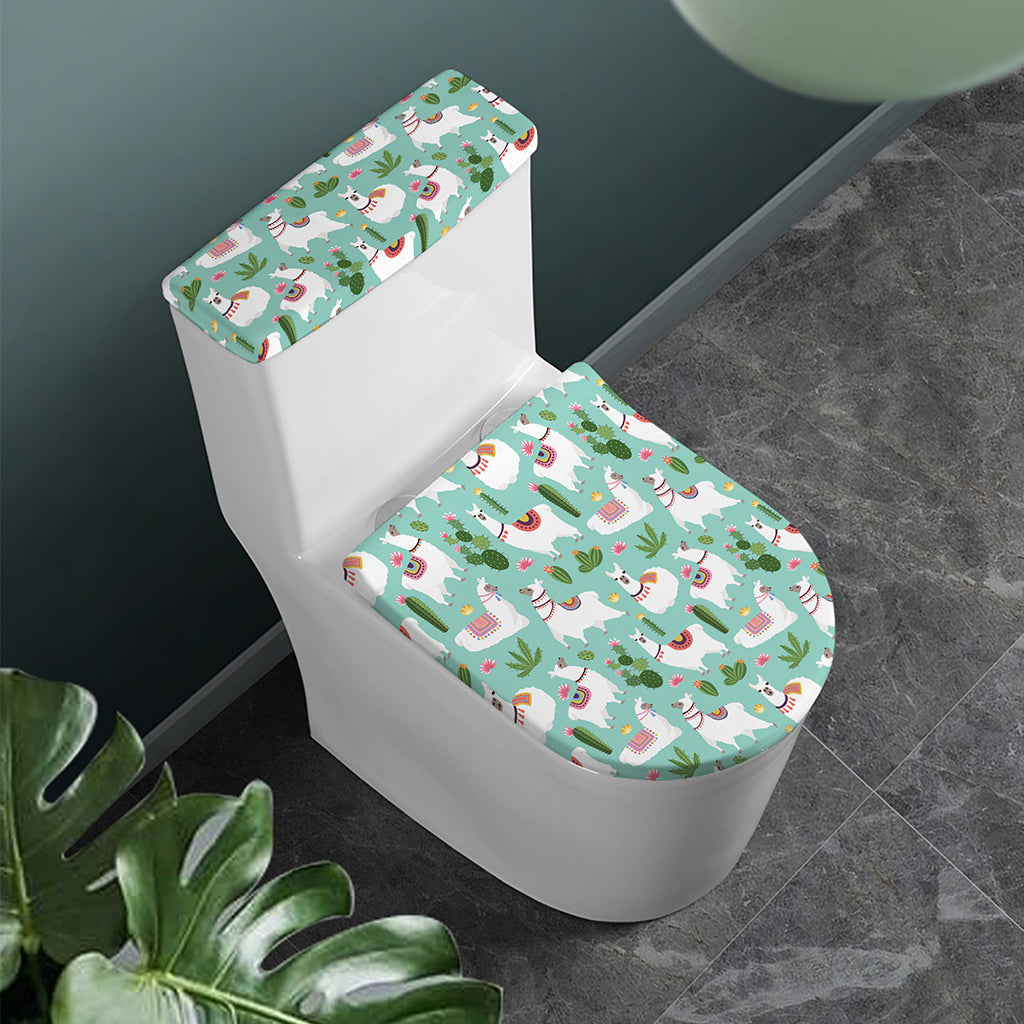 Cute Cactus And Llama Pattern Print Toilet Lid And Tank Cover Set