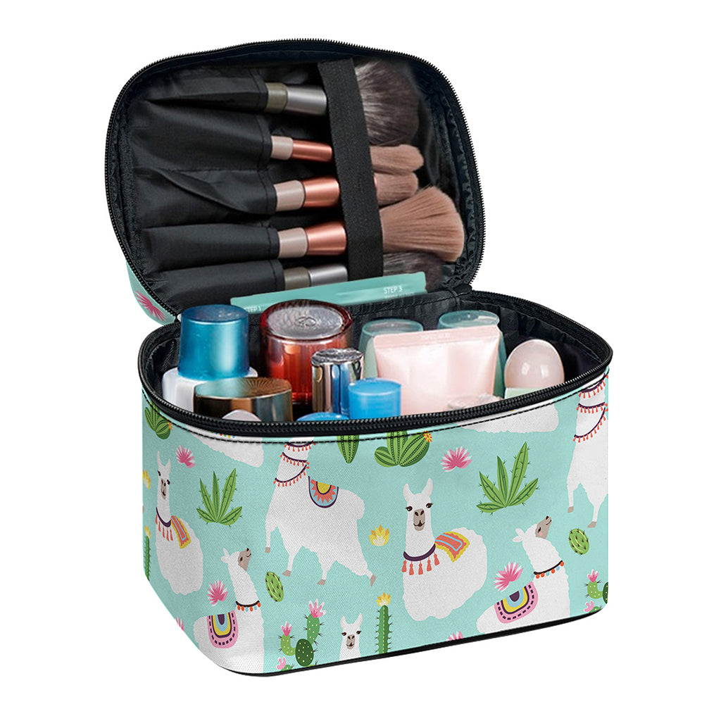 Cute Cactus And Llama Pattern Print Travel Makeup Bag