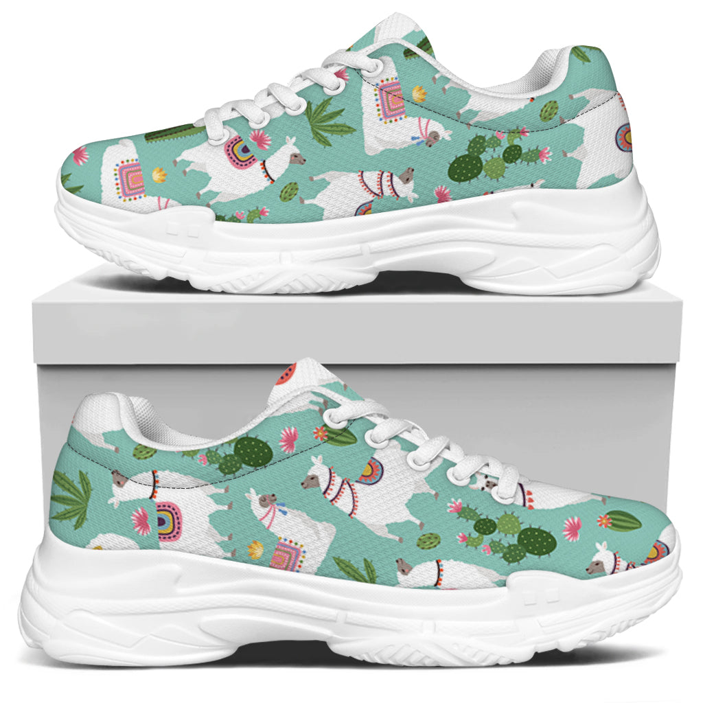 Cute Cactus And Llama Pattern Print White Chunky Shoes