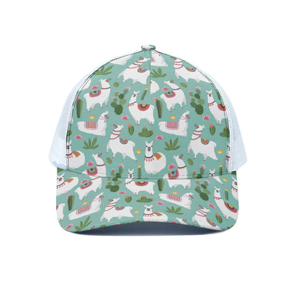 Cute Cactus And Llama Pattern Print White Mesh Trucker Cap