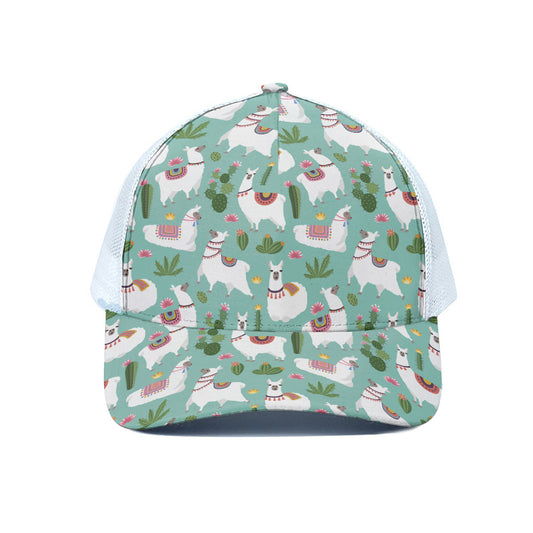 Cute Cactus And Llama Pattern Print White Mesh Trucker Cap