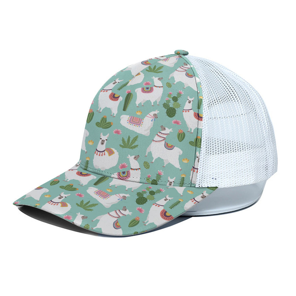Cute Cactus And Llama Pattern Print White Mesh Trucker Cap