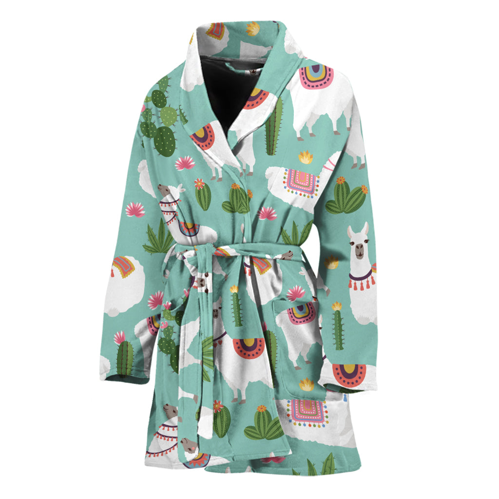 Cute Cactus And Llama Pattern Print Women's Bathrobe