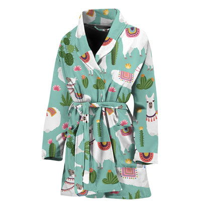 Cute Cactus And Llama Pattern Print Women's Bathrobe