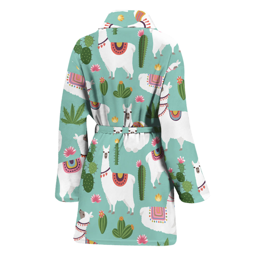 Cute Cactus And Llama Pattern Print Women's Bathrobe