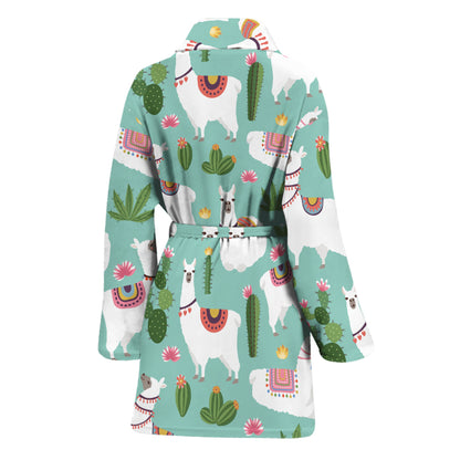 Cute Cactus And Llama Pattern Print Women's Bathrobe