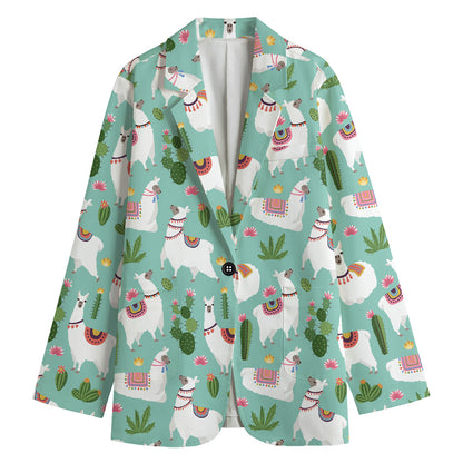 Cute Cactus And Llama Pattern Print Women's Blazer