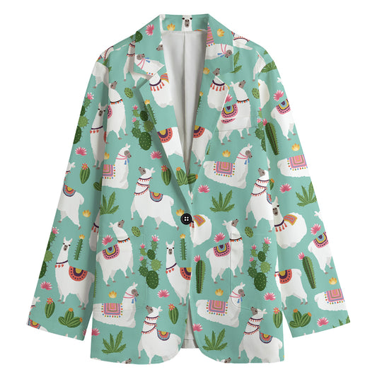 Cute Cactus And Llama Pattern Print Women's Blazer