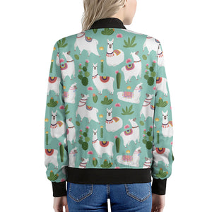 Cute Cactus And Llama Pattern Print Women's Bomber Jacket