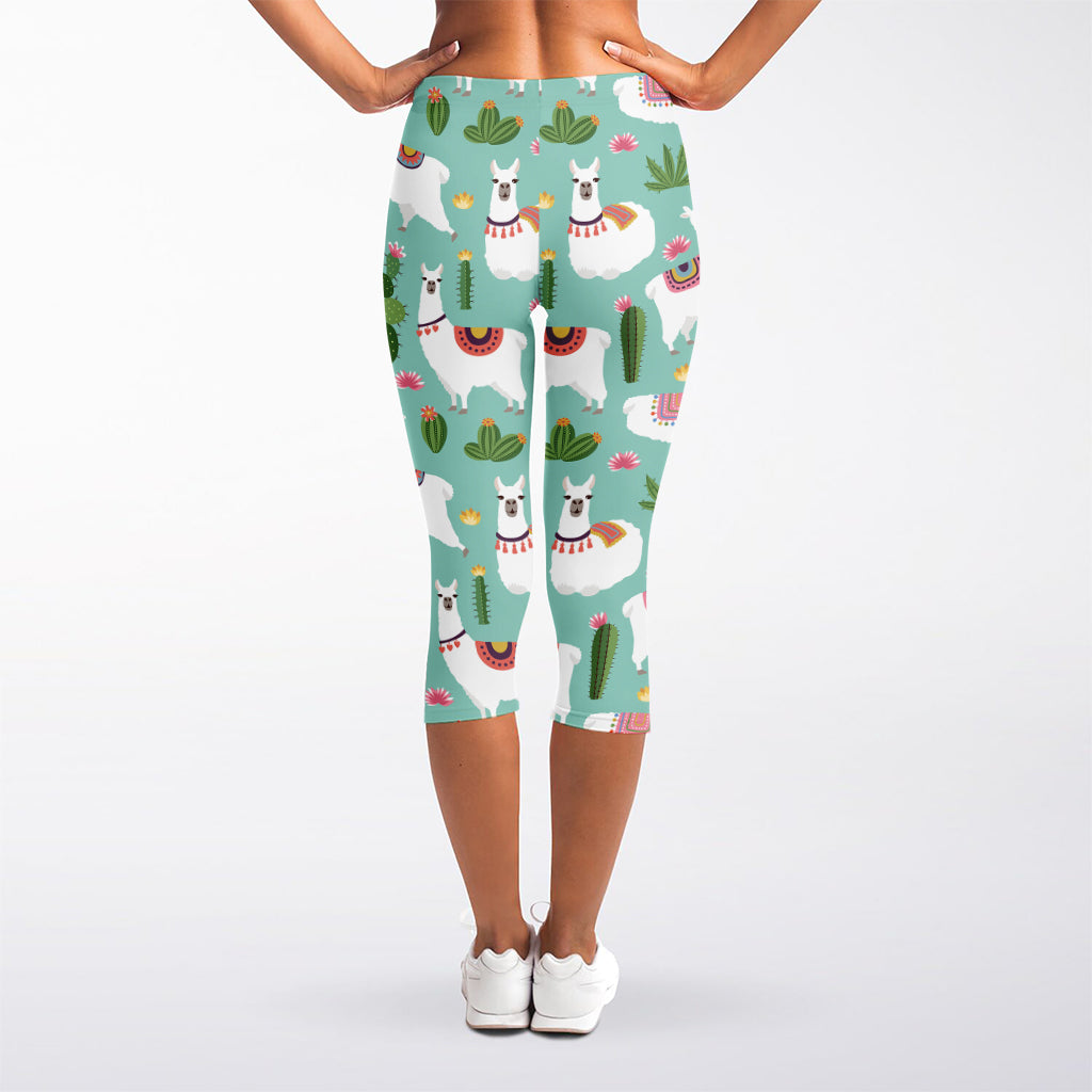 Cute Cactus And Llama Pattern Print Women's Capri Leggings