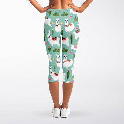 Cute Cactus And Llama Pattern Print Women's Capri Leggings