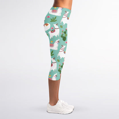 Cute Cactus And Llama Pattern Print Women's Capri Leggings