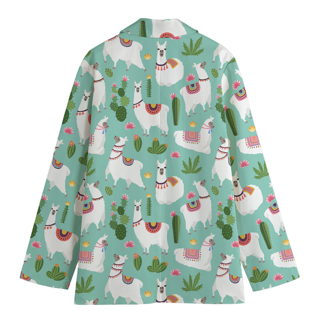 Cute Cactus And Llama Pattern Print Women's Cotton Blazer