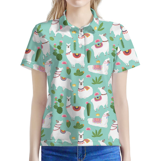 Cute Cactus And Llama Pattern Print Women's Polo Shirt