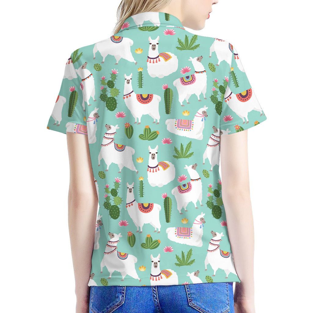 Cute Cactus And Llama Pattern Print Women's Polo Shirt