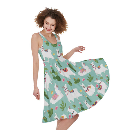 Cute Cactus And Llama Pattern Print Women's Sleeveless Dress