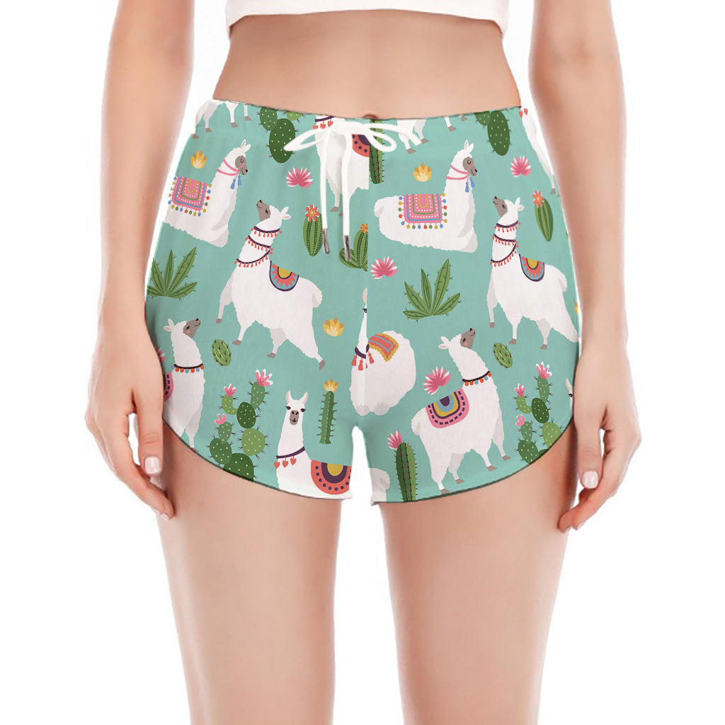 Cute Cactus And Llama Pattern Print Women's Split Running Shorts