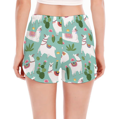 Cute Cactus And Llama Pattern Print Women's Split Running Shorts