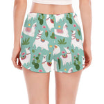 Cute Cactus And Llama Pattern Print Women's Split Running Shorts