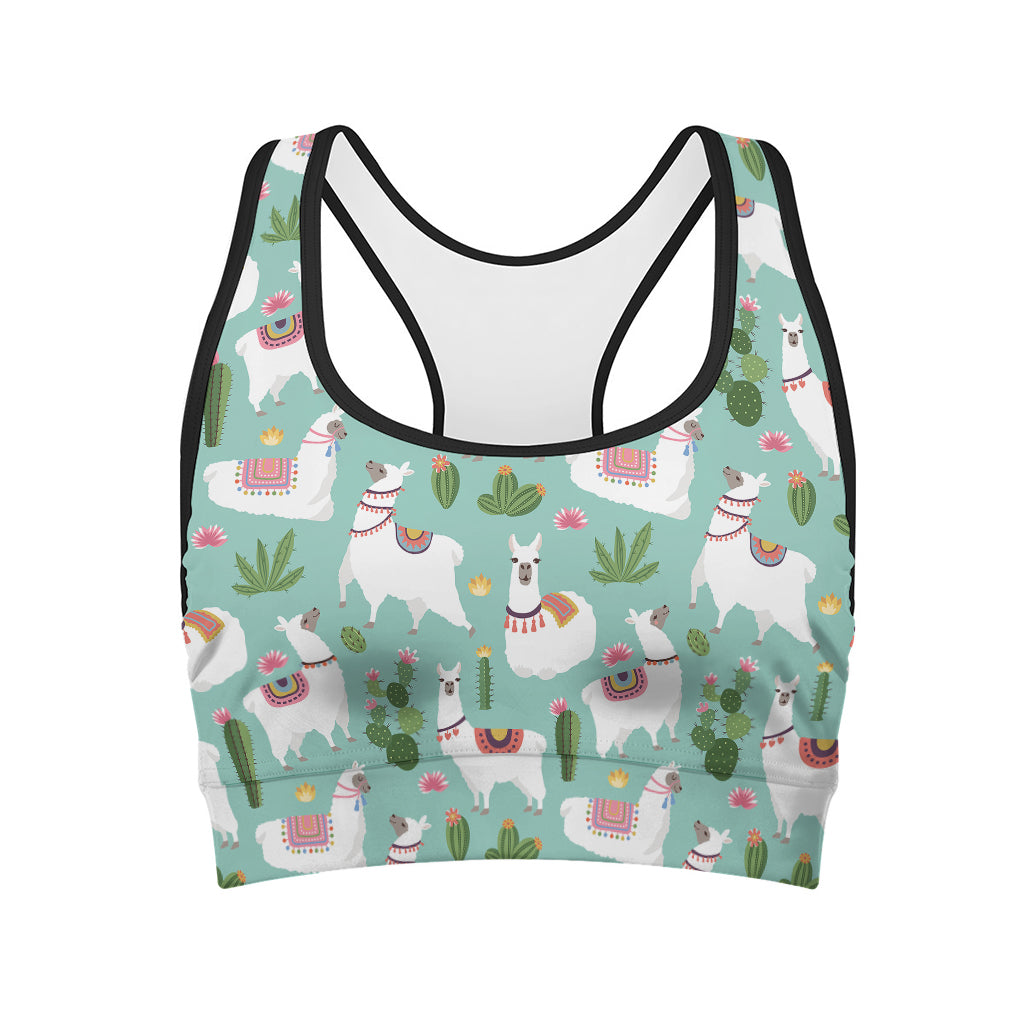 Cute Cactus And Llama Pattern Print Women's Sports Bra