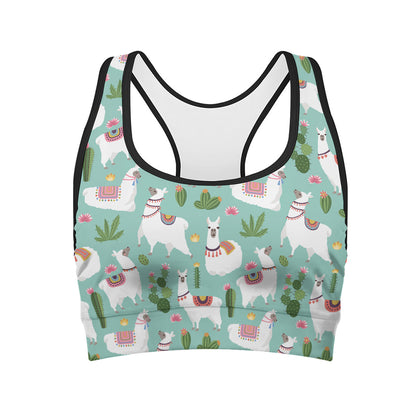 Cute Cactus And Llama Pattern Print Women's Sports Bra