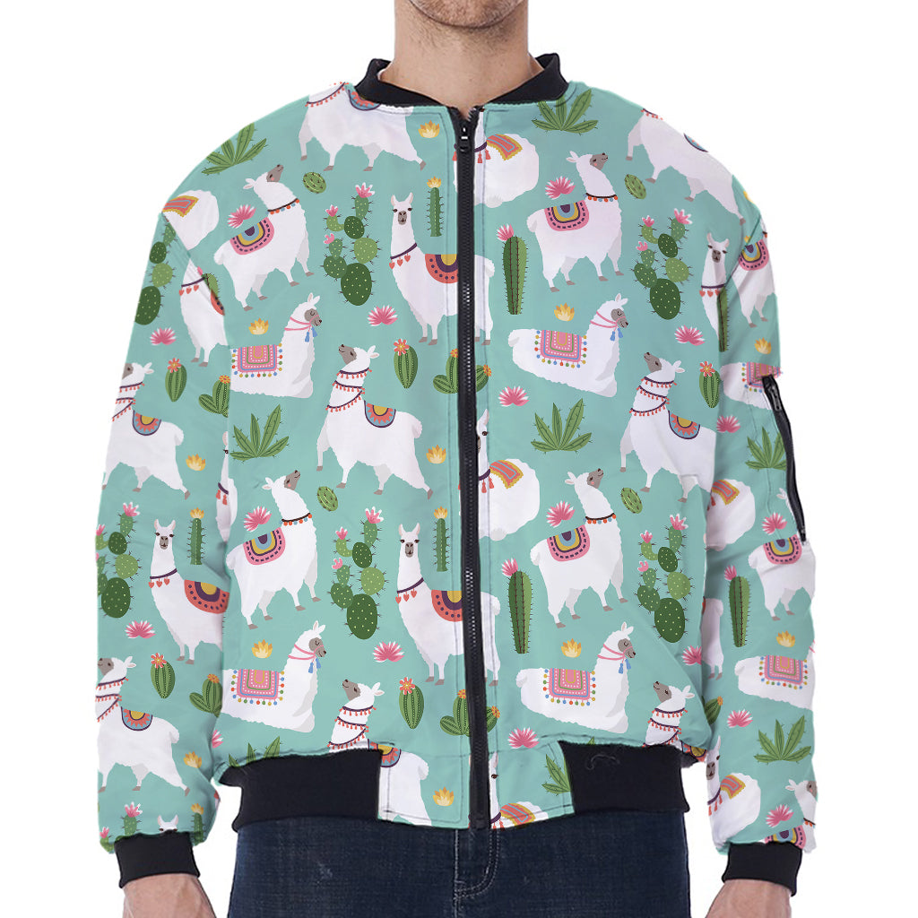 Cute Cactus And Llama Pattern Print Zip Sleeve Bomber Jacket
