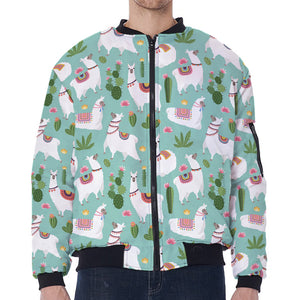 Cute Cactus And Llama Pattern Print Zip Sleeve Bomber Jacket