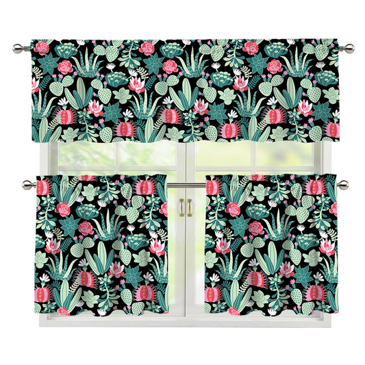 Cute Cactus And Succulent Print 3 Piece Kitchen Curtains
