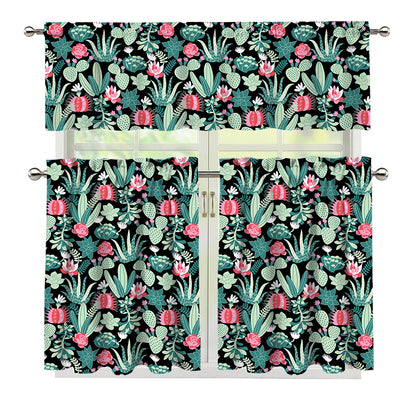 Cute Cactus And Succulent Print 3 Piece Kitchen Curtains
