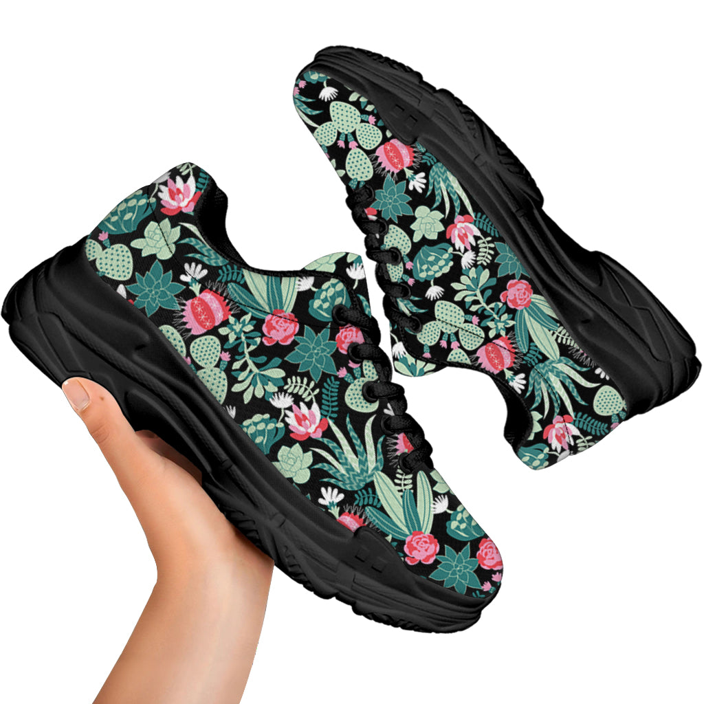 Cute Cactus And Succulent Print Black Chunky Shoes
