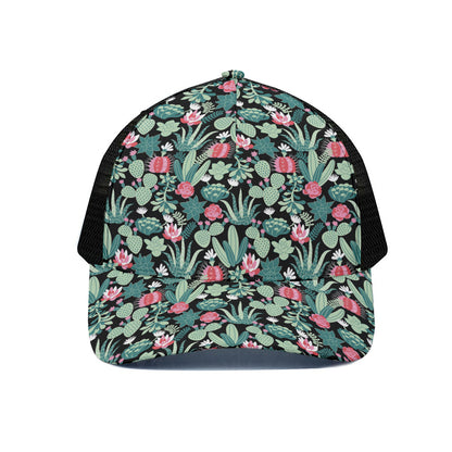 Cute Cactus And Succulent Print Black Mesh Trucker Cap