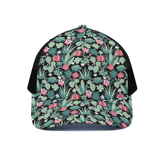 Cute Cactus And Succulent Print Black Mesh Trucker Cap