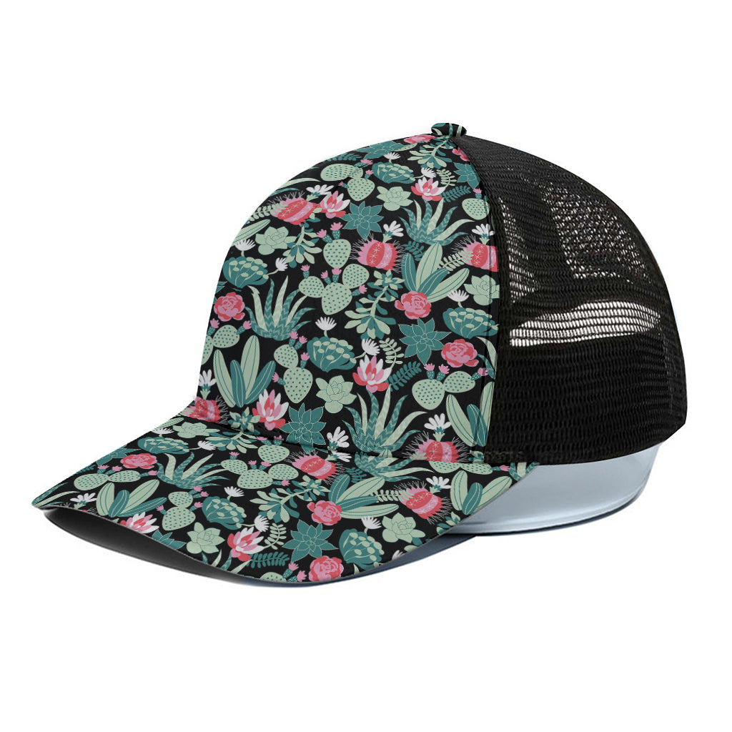 Cute Cactus And Succulent Print Black Mesh Trucker Cap