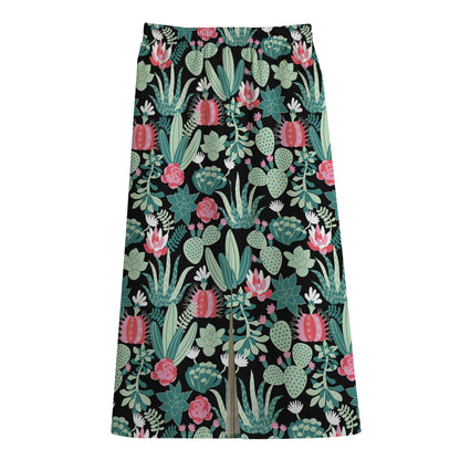 Cute Cactus And Succulent Print Cotton Front Slit Maxi Skirt